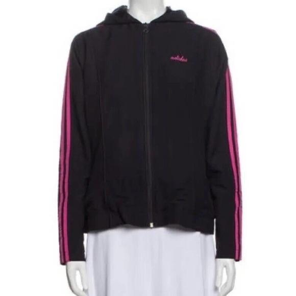 Adidas Windbreaker Hooded Full Zip Waterproof Navy/ Pink Strip Women’s Size L - Picture 2 of 6